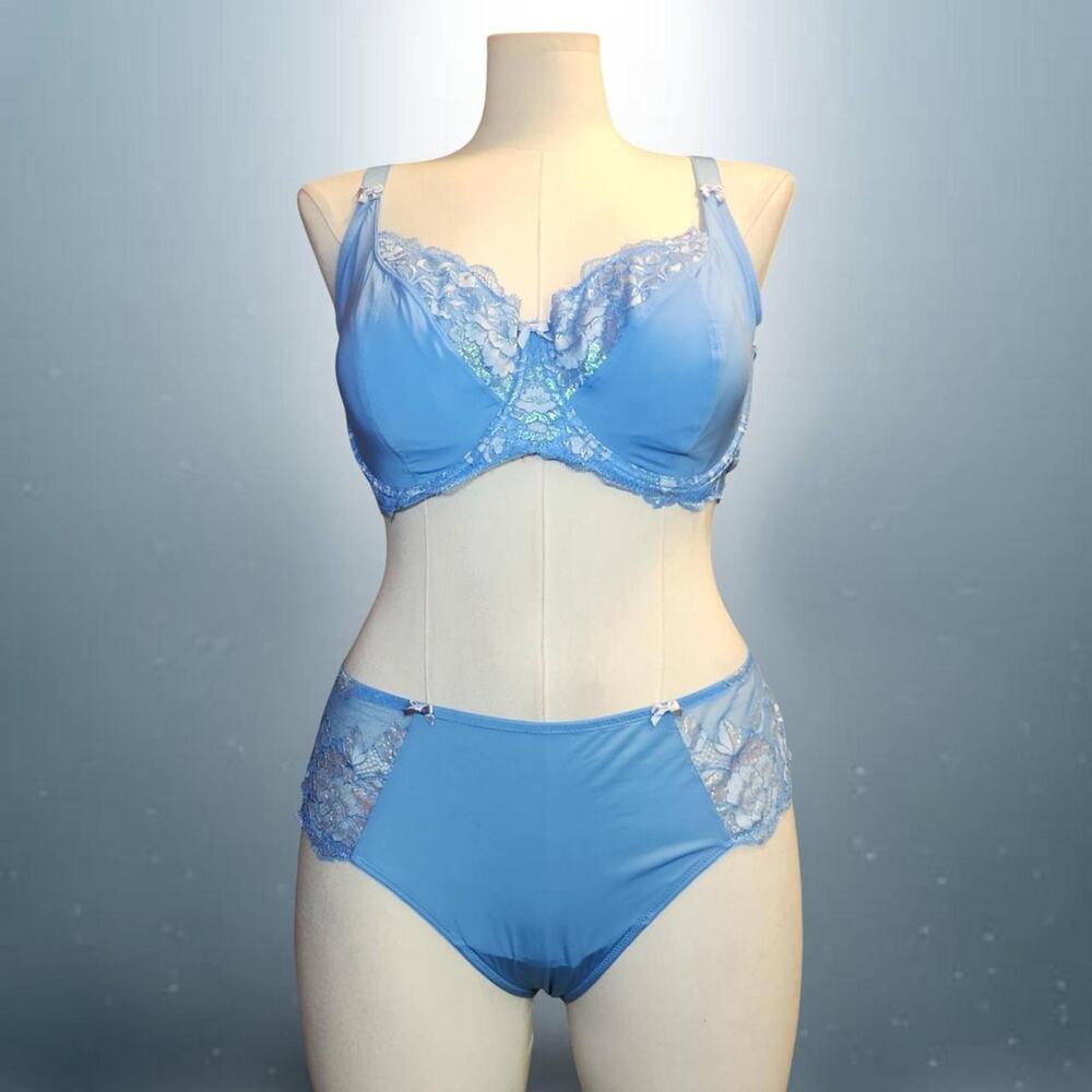 Adore Me Baby Blue Lace Underwire Super Sexy Bra Set Size 46DD 3X Metallic Lace